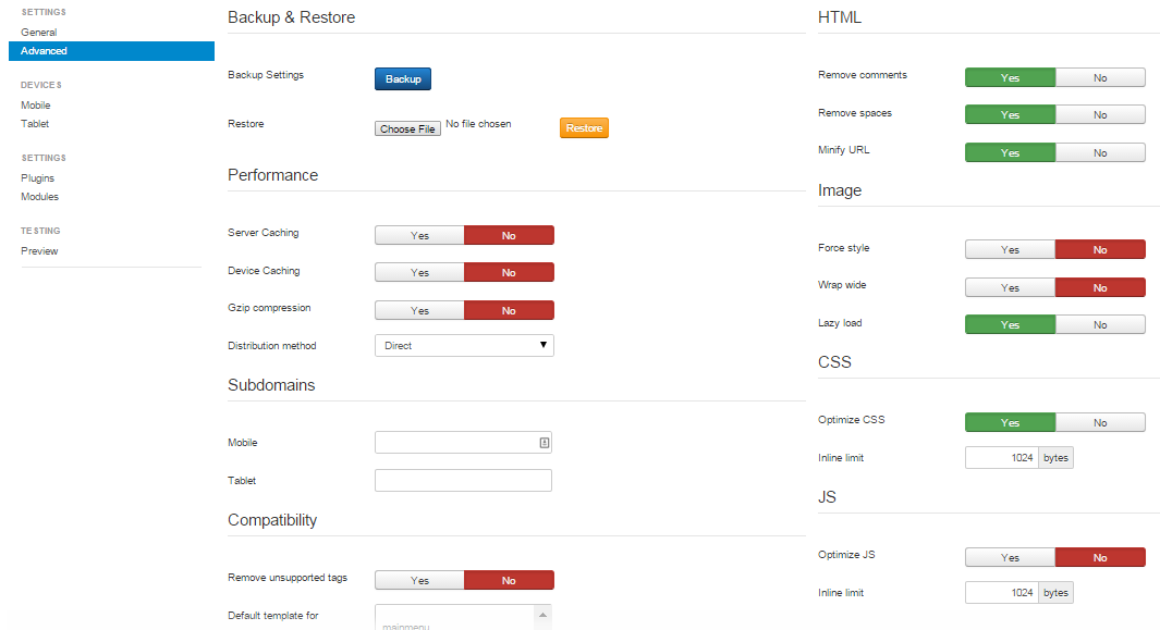 mobile joomla settings customization