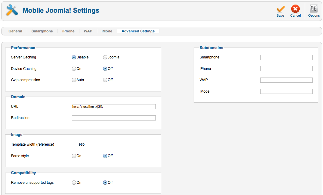 Mobile Joomla! 1.0 advanced settings