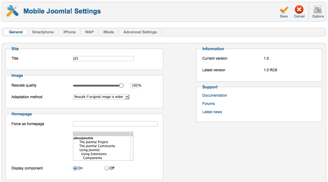 Mobile Joomla! 1.0 advanced settings